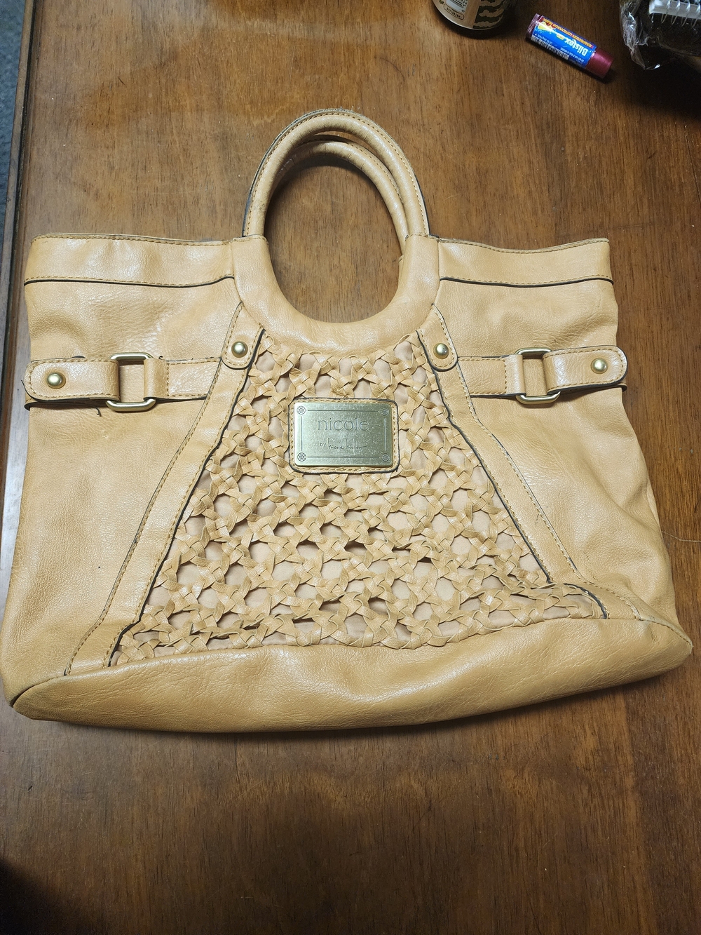 Nicole Miller tan woven leather tote bag